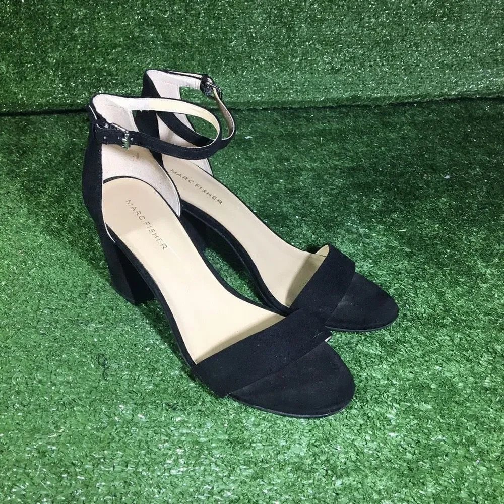 Womens Marc Fisher heels size 7.5 glowin black suede open toe oneband block heel